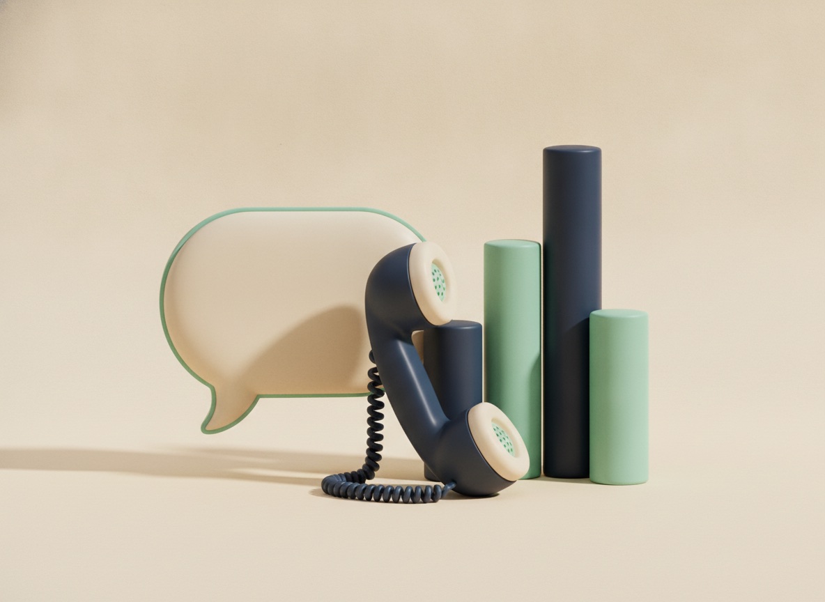Matte 3D still life with a speech bubble, retro telephone handset and bar-chart cylinders