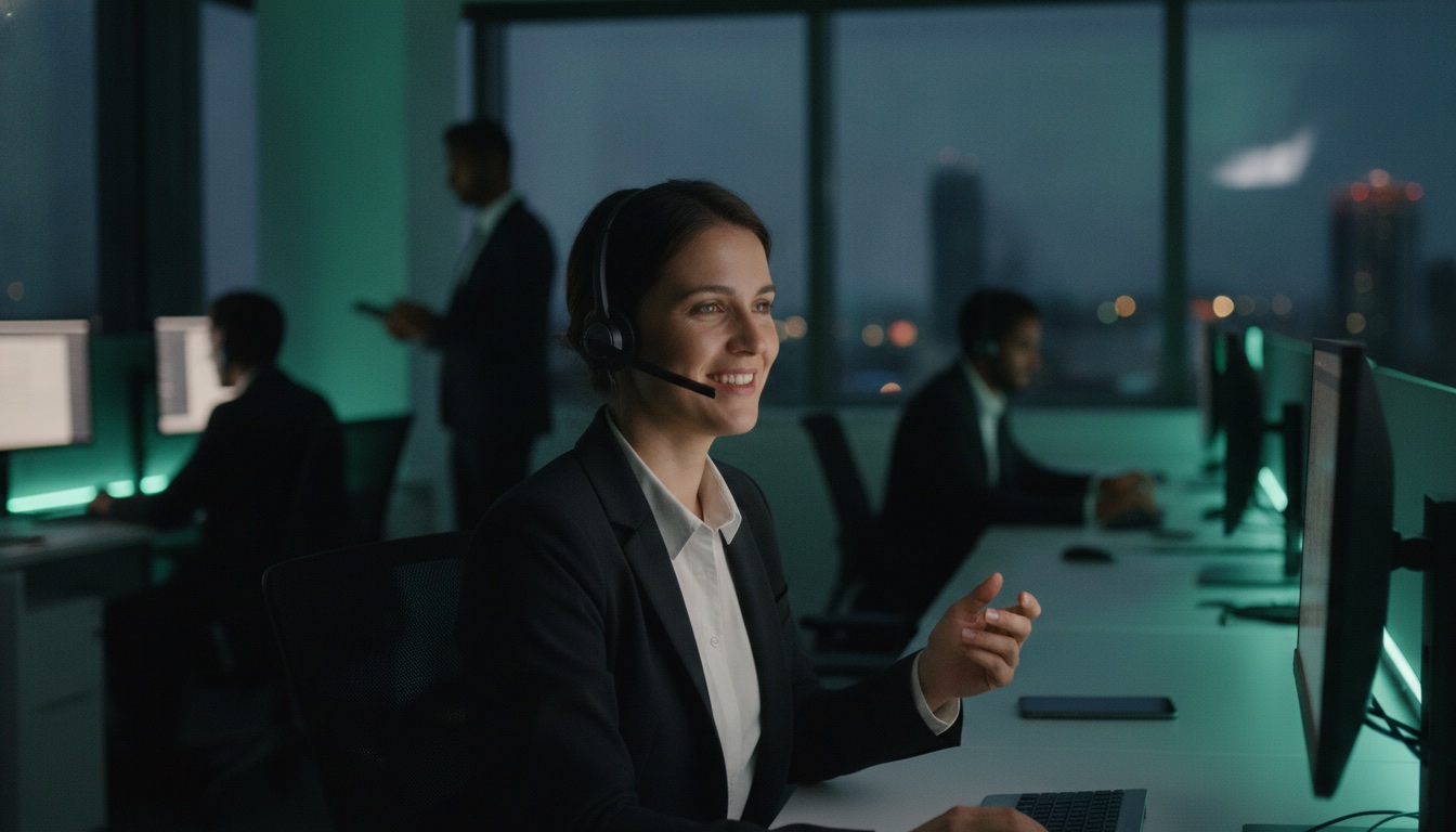 Sales professional on a headset in a dusk office lit in teal and mint