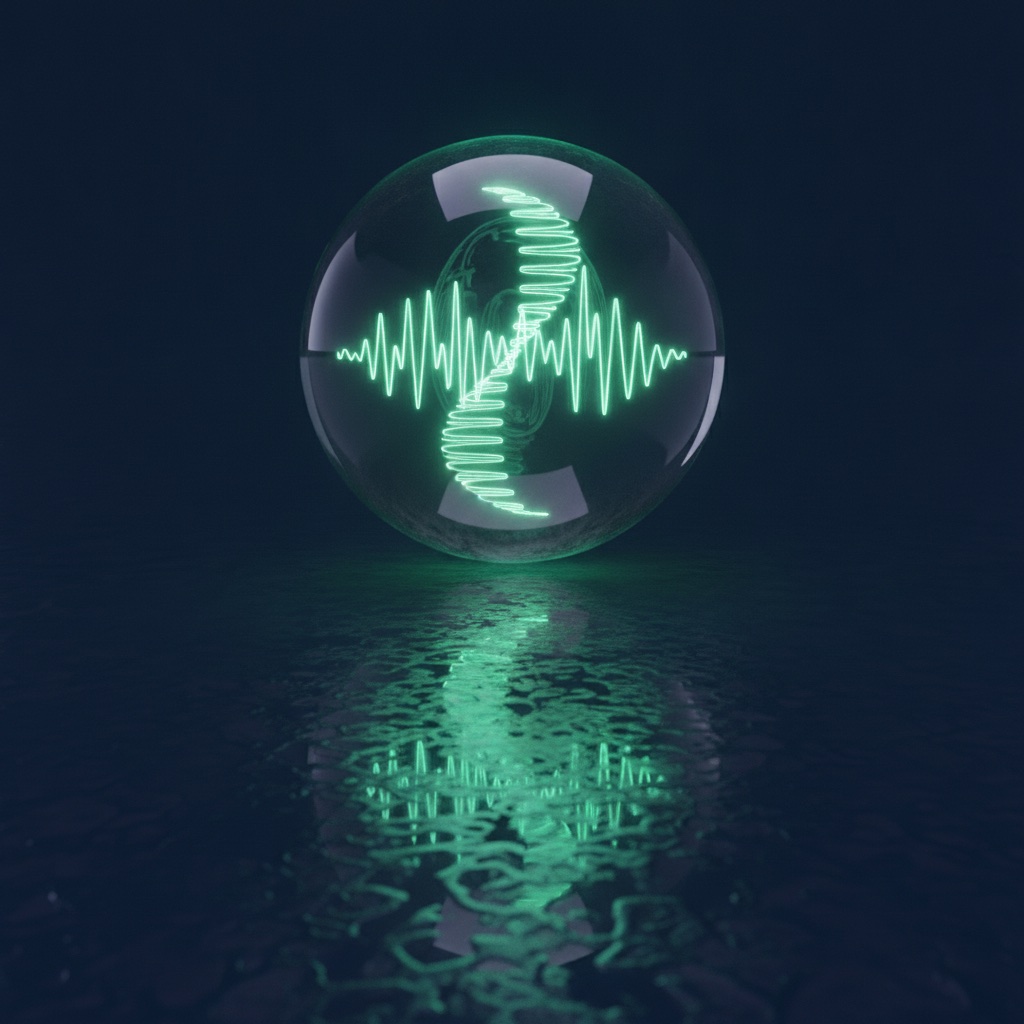 Glass sphere with a glowing mint waveform above a dark reflective floor